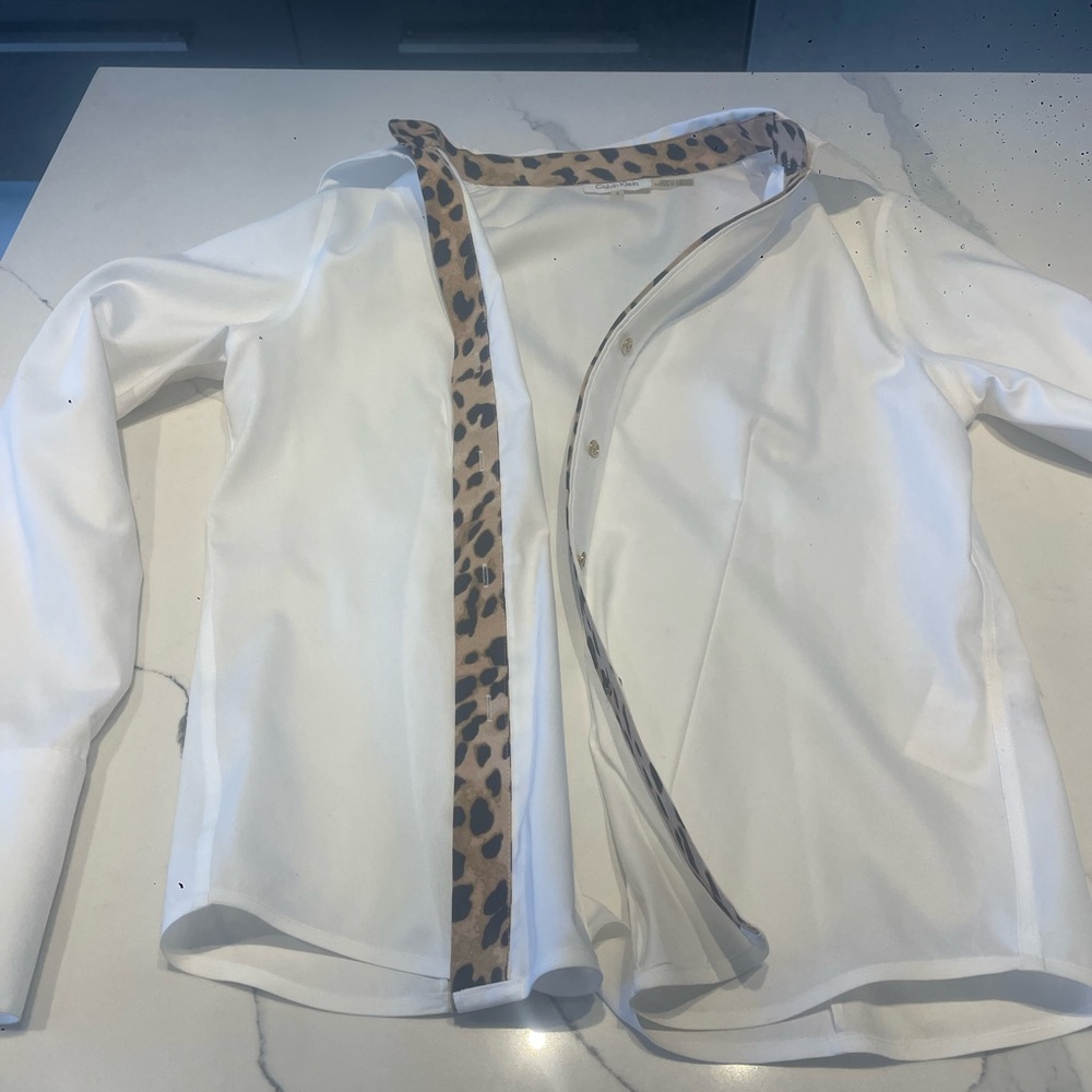 Calvin Klein White Shirt with Leopard Accent NWT great deal wow blouse